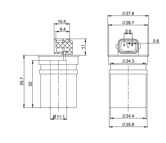 熱塑性塑封類接插式制冷用電磁閥線圈結(jié)構(gòu)尺寸圖