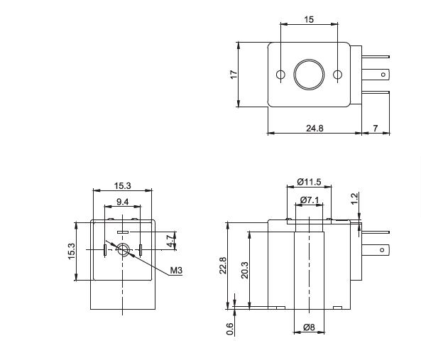 熱固性塑封類(lèi)4V110系列插座式電磁閥線(xiàn)圈結(jié)構(gòu)尺寸圖